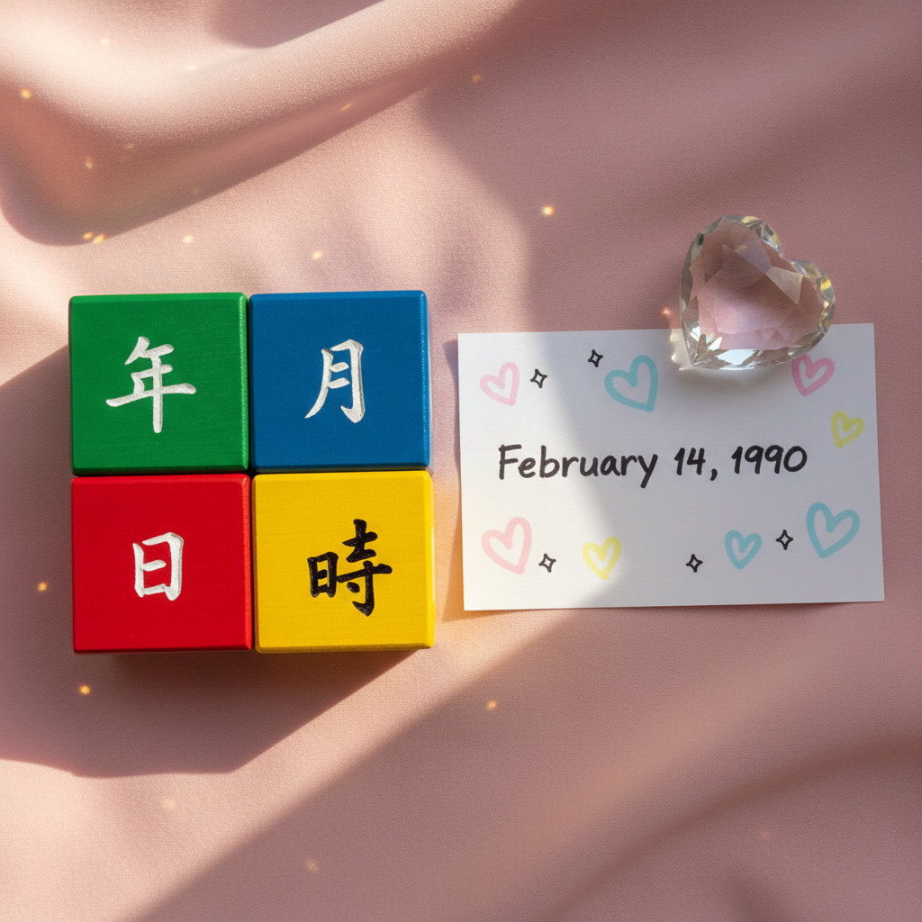 An elegant flat lay of four glossy, color-coded wooden blocks arranged in a square on a blush-pink fabric backdrop, each block engraved with a different Chinese character representing the pillars of Four Pillars of Destiny. Next to them, a crisp white card shows a neatly printed birth date in black ink, surrounded by doodled hearts and small star icons in pastel markers. A translucent crystal heart paperweight catches soft afternoon sunlight from the side, scattering tiny light specks across the fabric. Captured from a bird’s-eye view with sharp focus throughout, the composition follows the rule of thirds, leaving negative space for text. The atmosphere is bright, hopeful, and a little whimsical, rendered in vibrant photographic realism to illustrate love fortune-telling by birth date.