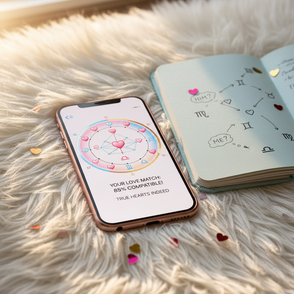 A smartphone with a glossy, rose-gold frame lies on a fluffy white faux-fur rug, its screen glowing with a colorful astrology app interface showing a compatibility chart filled with heart icons and zodiac symbols. Nearby, a small, pale-blue notebook with rounded corners is open, revealing handwritten notes and doodled arrows connecting signs. Tiny paper confetti hearts are scattered playfully around. Warm, golden-hour light streams in from the upper left, creating cozy highlights on the phone’s metal edges and soft shadows in the fur’s texture. Shot from a slightly elevated angle with a shallow depth of field, the phone screen is in crisp focus while the edges gently blur. The mood is casual, modern, and flirty, with a youthful photographic aesthetic that represents checking his true feelings through fortune-telling apps.